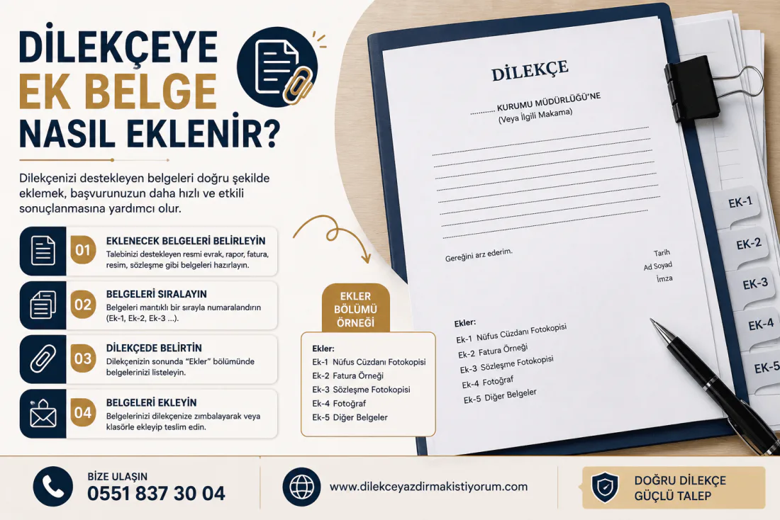 Dilekçeye ek belge ekleme düzenini gösteren görsel: en üstte dilekçe, altında numaralandırılmış ekler ve EKLER listesi
