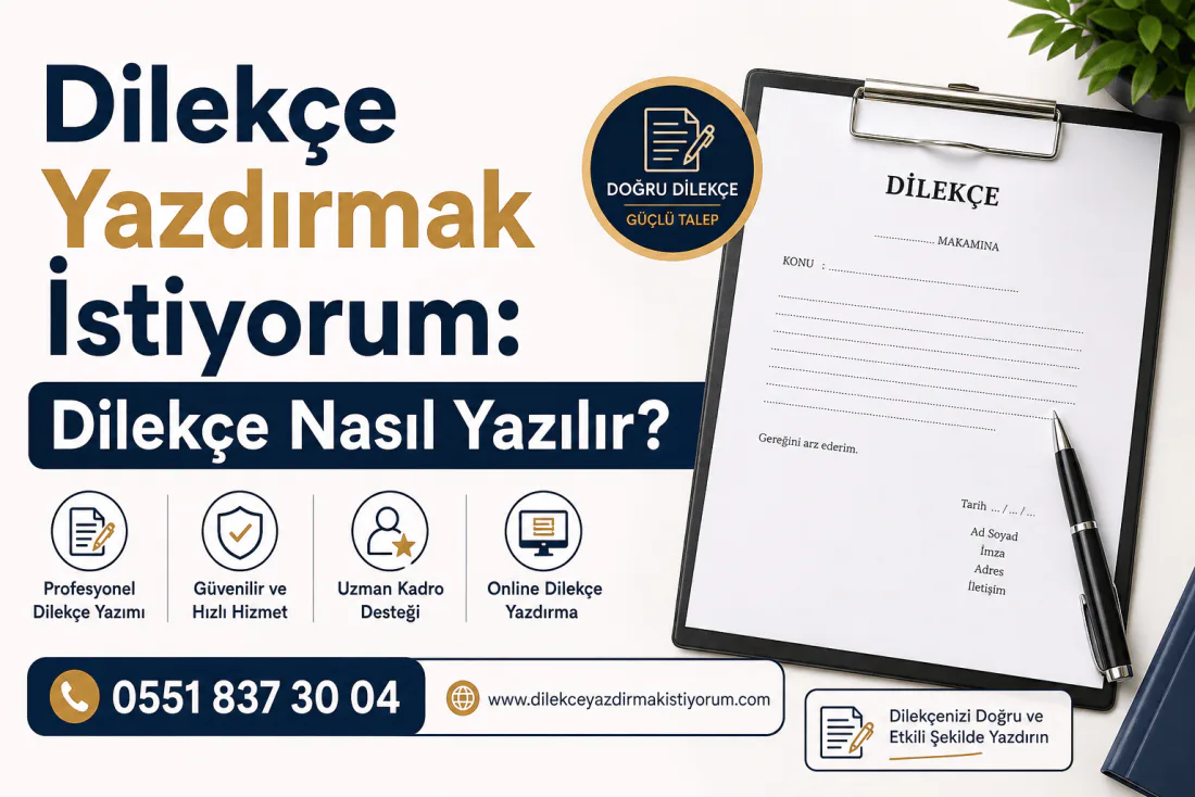 Dilekçenin yazım aşamalarını gösteren şema: kurum seçimi, konu belirleme, talep cümlesi ve imza bölümü