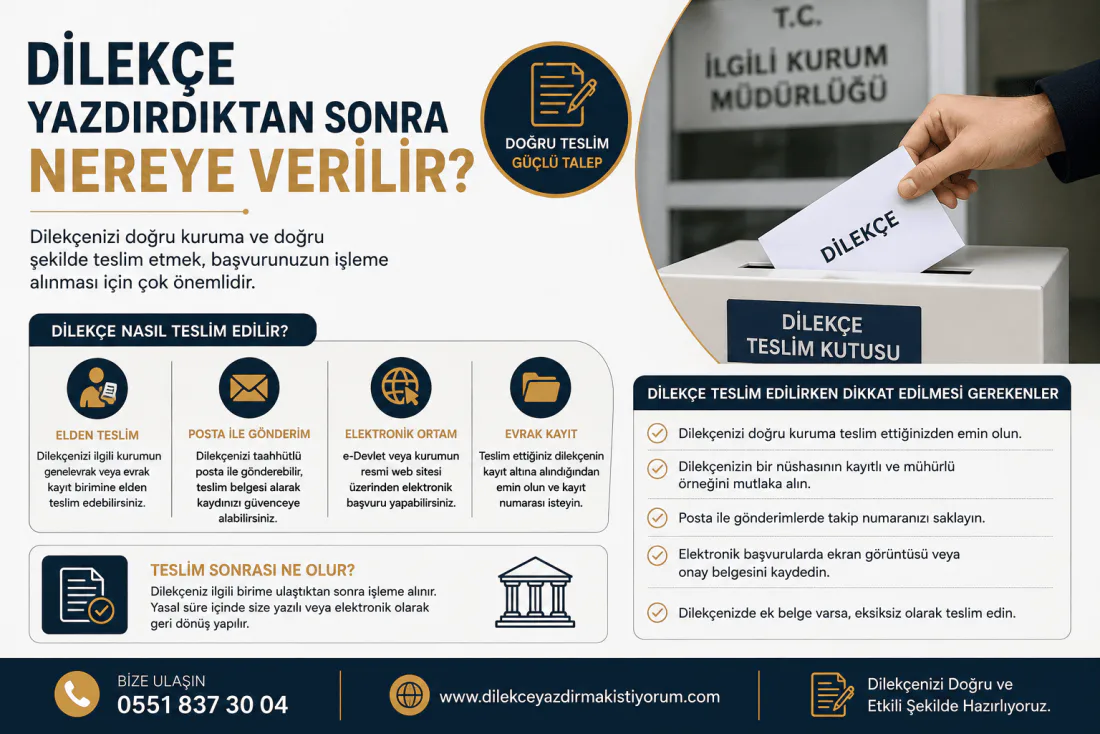 Dilekçe teslim yollarını karşılaştıran görsel: elden teslim, iadeli taahhütlü posta ve e-Devlet ile CİMER gibi elektronik kanallar