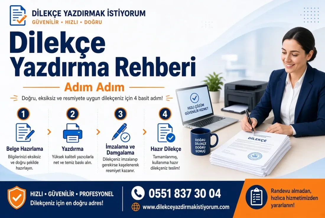 Dilekçe yazdırma rehberinin özet görseli: kağıt ölçüsü, kenar boşlukları, punto ve imza düzeni tek sayfada