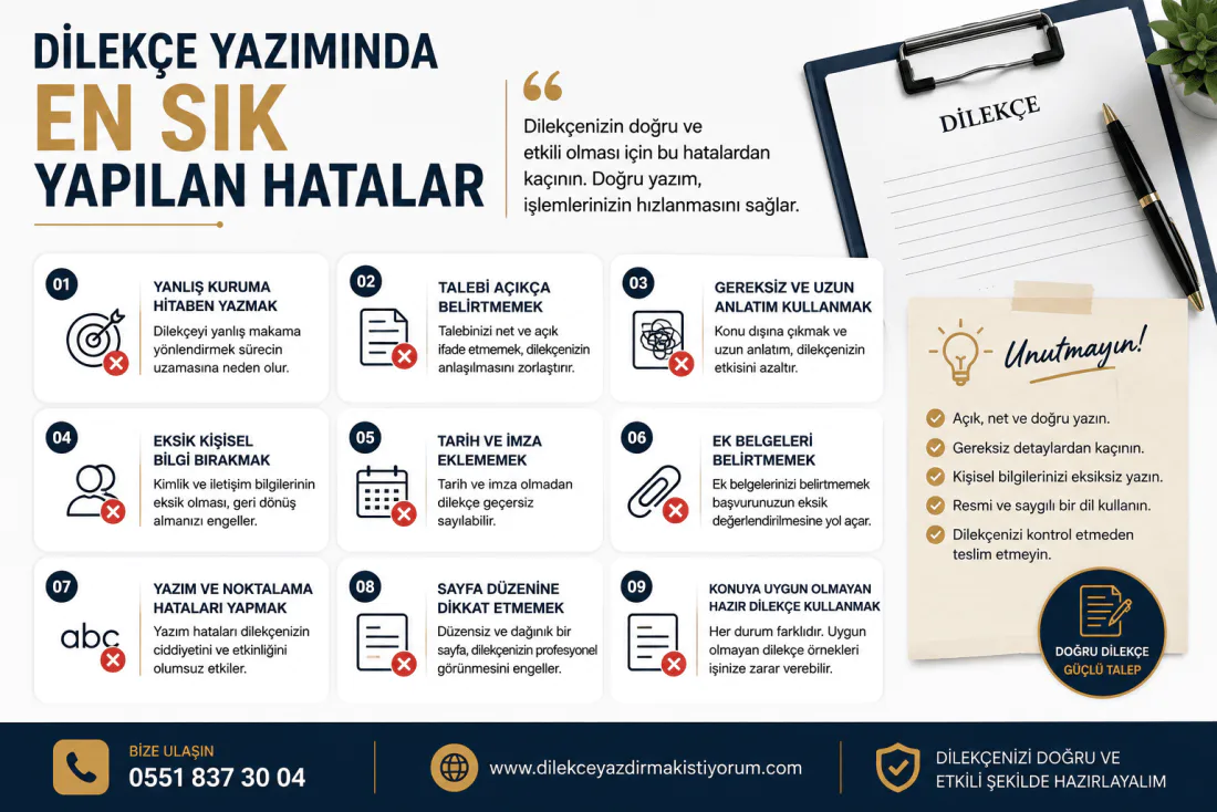 Dilekçe yazımında en sık yapılan hataları maddeler hâlinde listeleyen bilgilendirme görseli